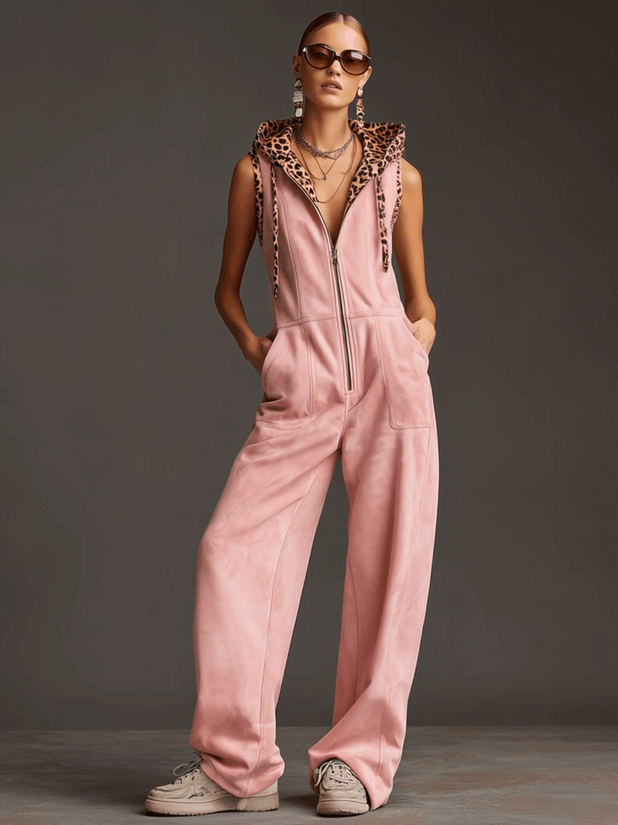 Western Retro Pink Faux Suede Sleeveless Leopard Print Hooded Wide-Leg Jumpsuit - By Qivii