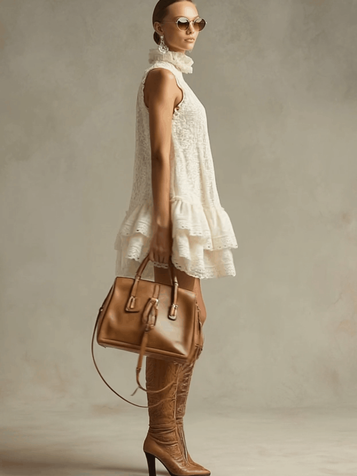 Vacation Retro Beige Lace Sleeveless Ruffled Mini Dress - By Qivii