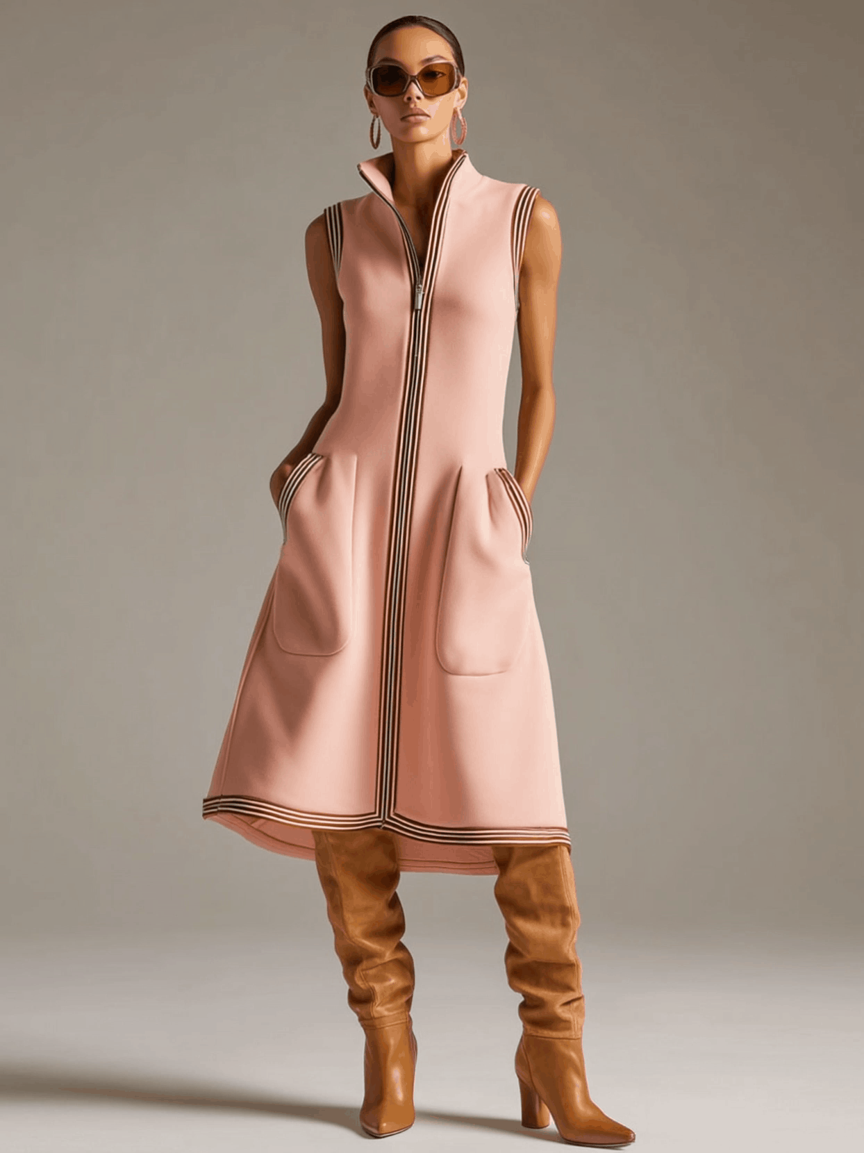 Sporty Retro Striped Ribbed Pink Cotton Blend Sleeveless Midi Dress - By Qivii