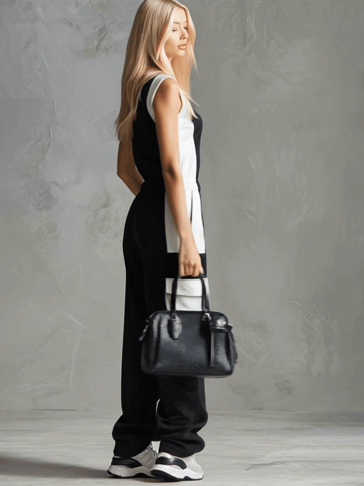 Casual Retro Sporty Black And White Color-blocked V-neck Half-zip Jumpsuit - By Qivii