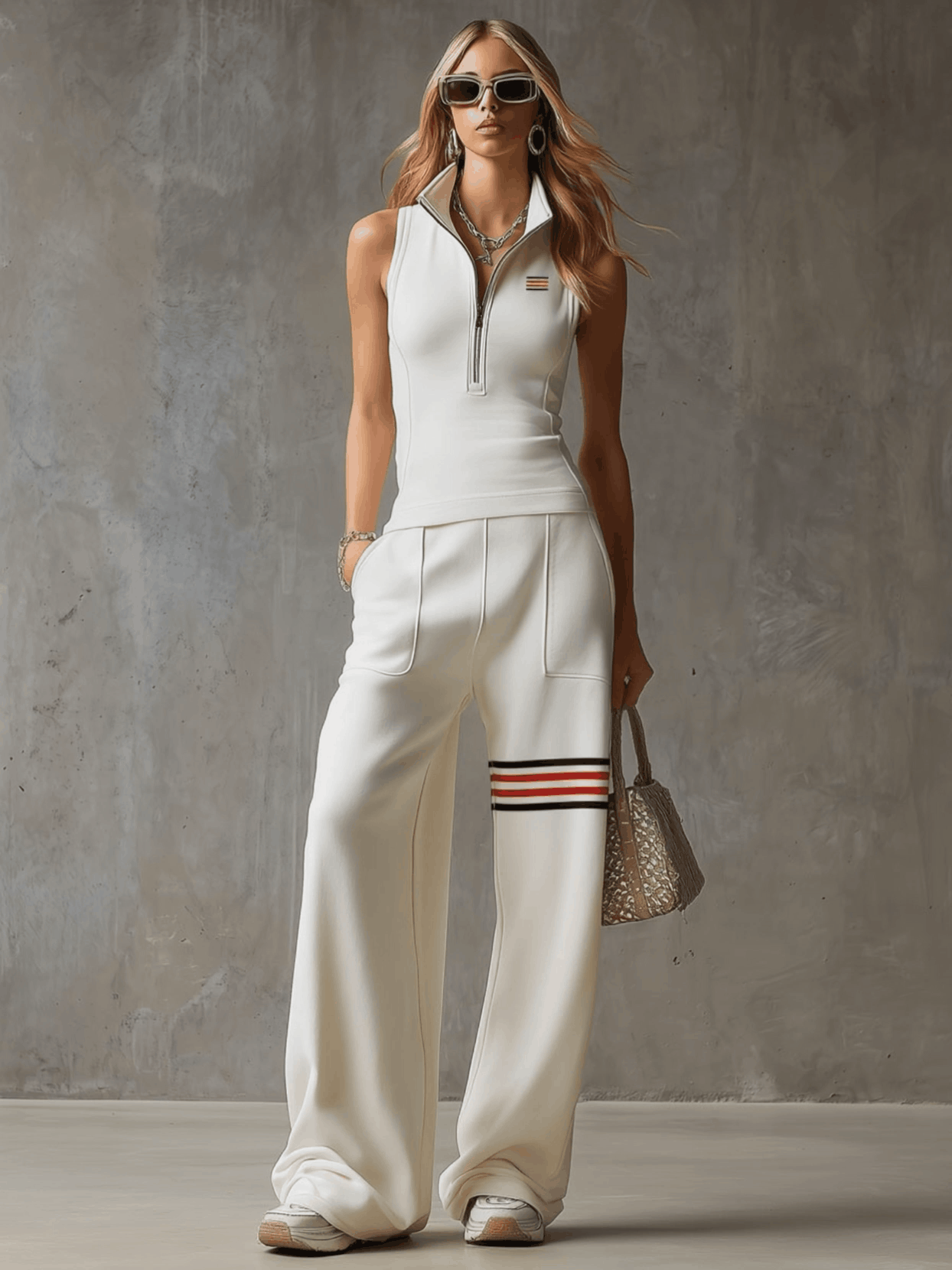Sporty Retro White Striped Embroidered Sleeveless Vest And Wide-Leg Pants Set - By Qivii