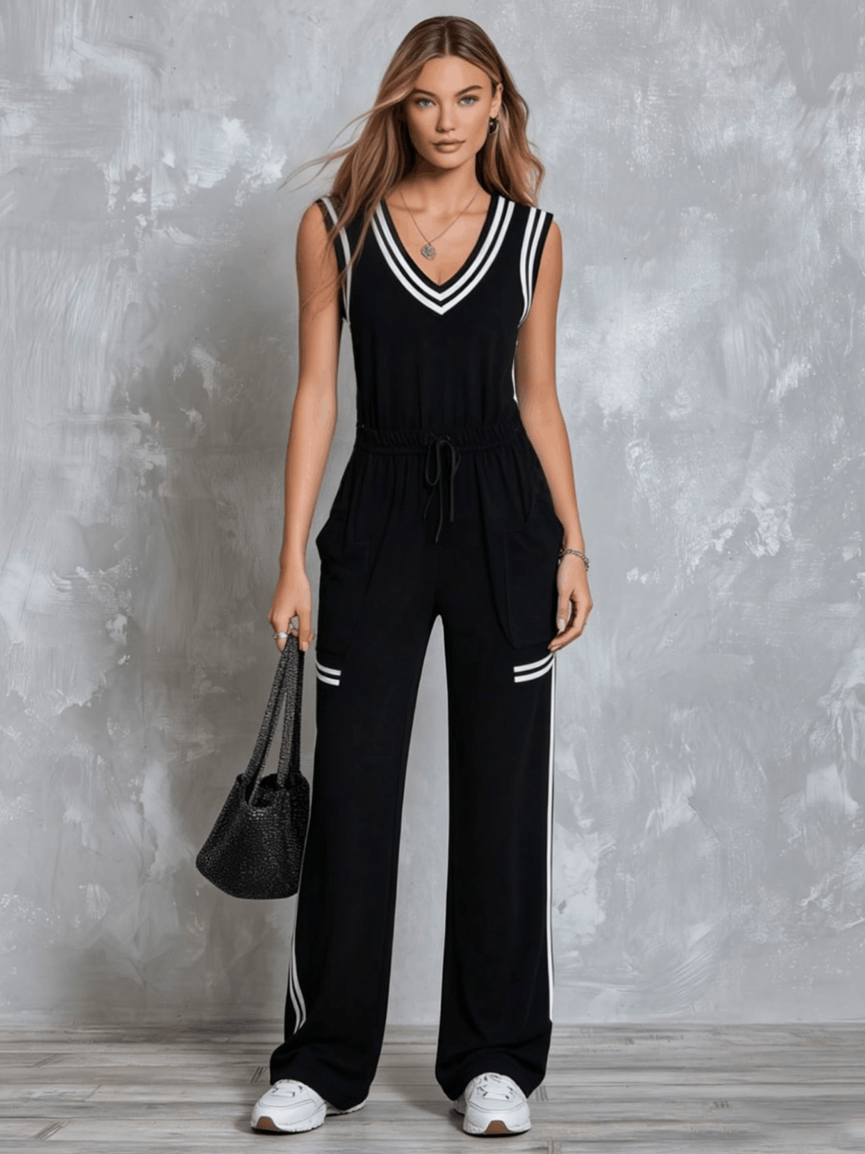 Retro Casual Sporty Color-blocked Black Sleeveless V-neck Cotton Jumpsuit - By Qivii