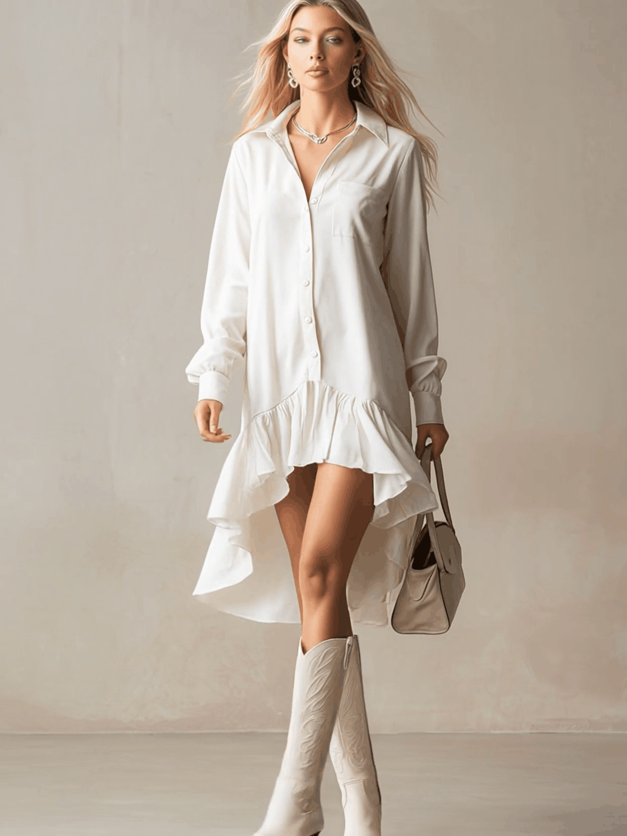 Stylish And Elegant Off-white Ruffled Tencel Denim Midi Dress - By Qivii