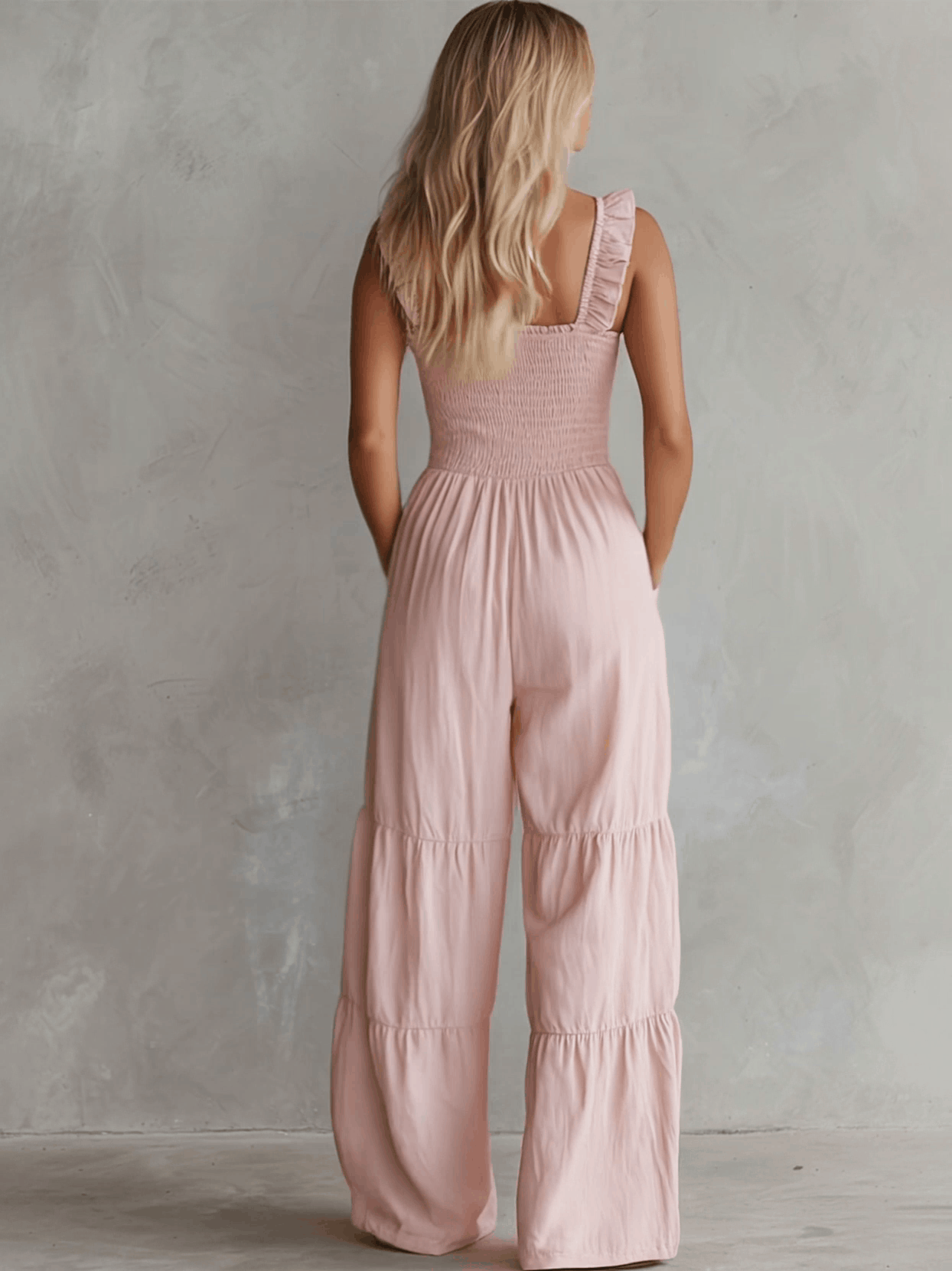 Casual Retro Ruffled Pink Sleeveless V-neck Button Cotton And Linen Jumpsuit - By Qivii