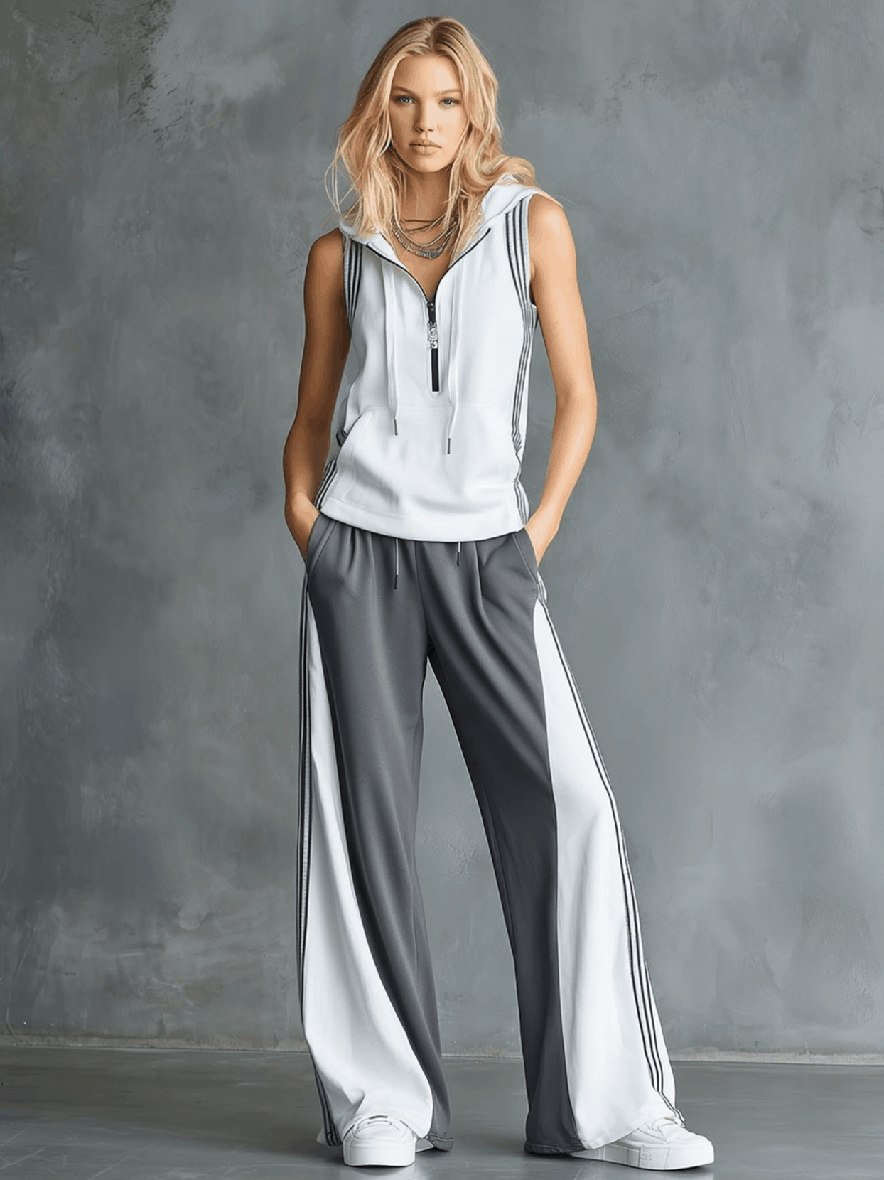 Casual Sporty Color-Block Hooded Sleeveless Top And Wide-Leg Pants Set - By Qivii