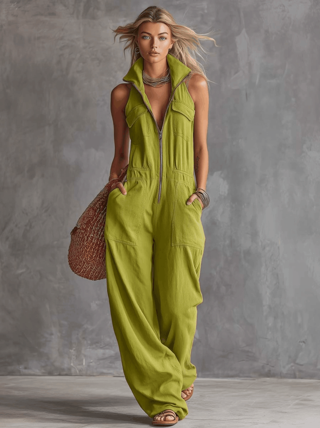 Casual Retro Western Collar Front Zipper Bright Green Cotton Linen Jumpsuit - By Qivii