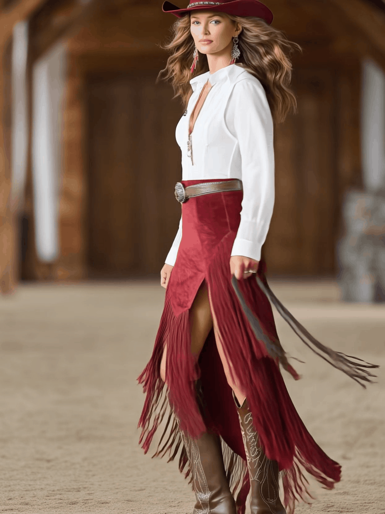Western Retro Red Faux Suede Slit Fringe Midi Skirt - By Qivii