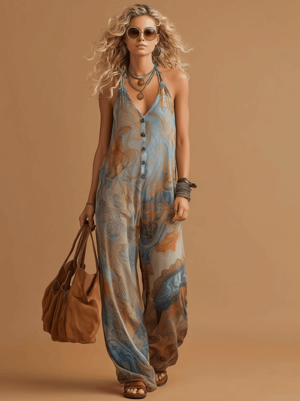 Vacation Retro Bohemian Print Chiffon Sleeveless Wide-Leg Jumpsuit - By Qivii