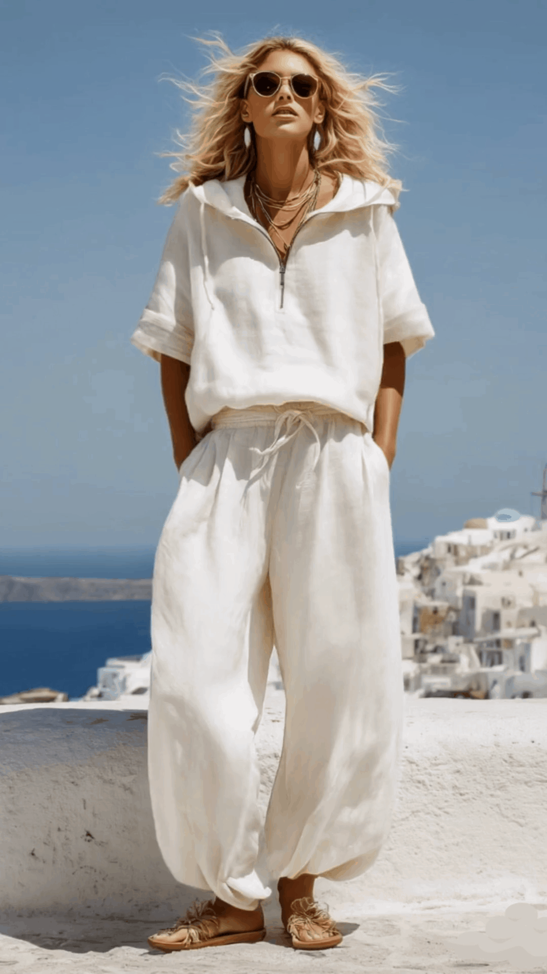 Vacation Retro White Cotton Linen Short-Sleeve Hooded Top And Balloon Pants Set - By Qivii