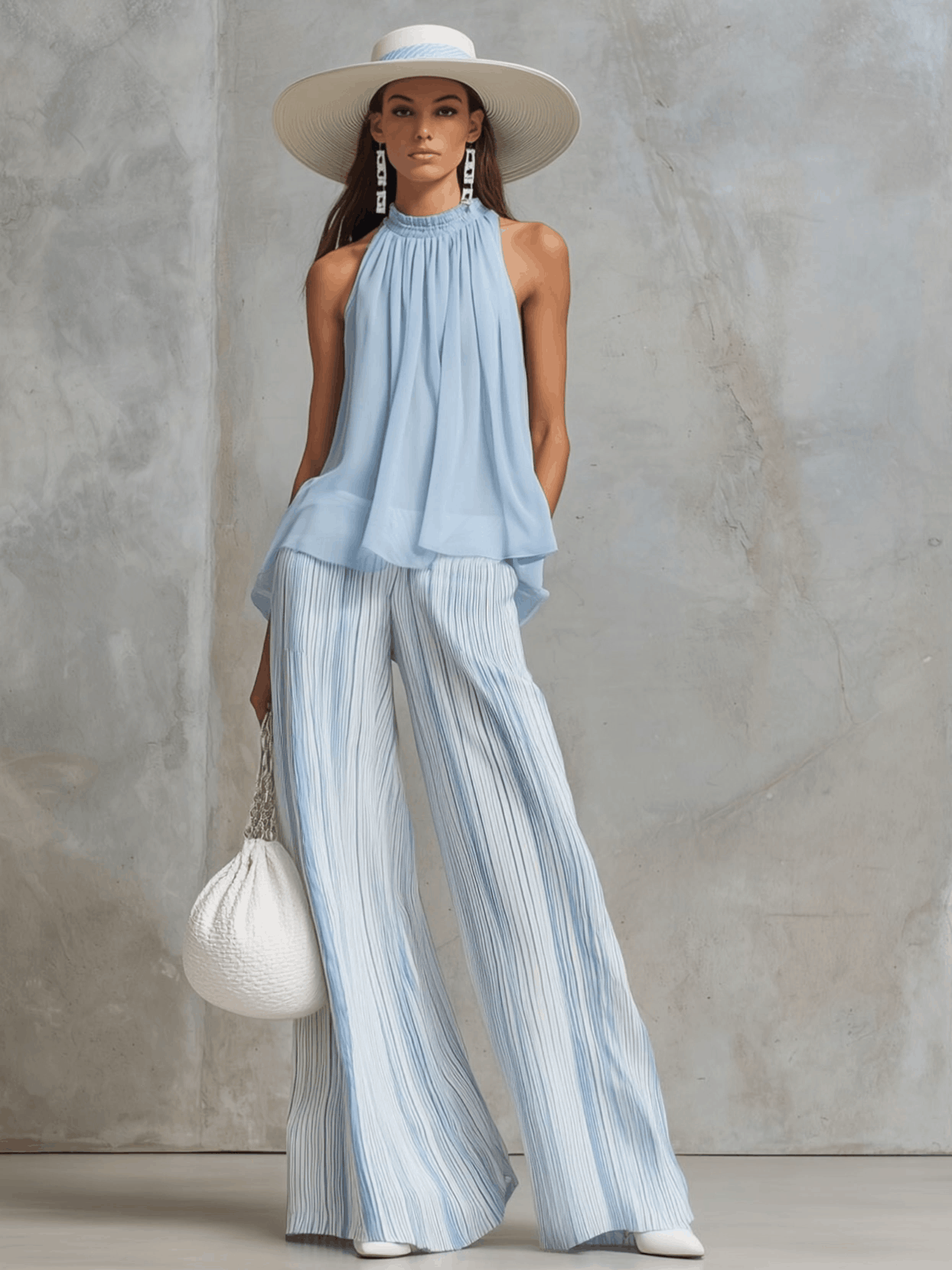 Vacation Light Blue Chiffon Sleeveless Top And Striped Wide-leg Pants Set - By Qivii