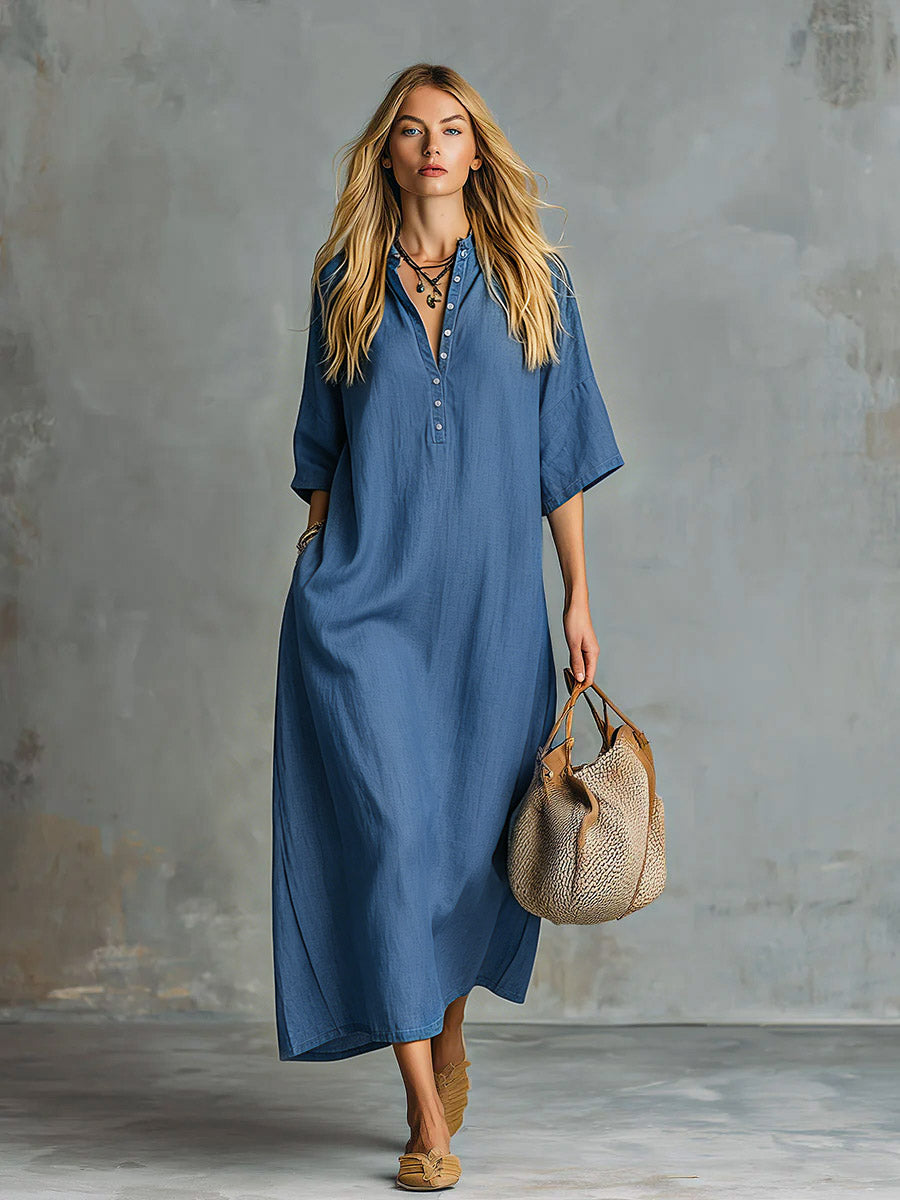 Retro Blue Tencel Denim Short-sleeved Maxi Dress - By Qivii