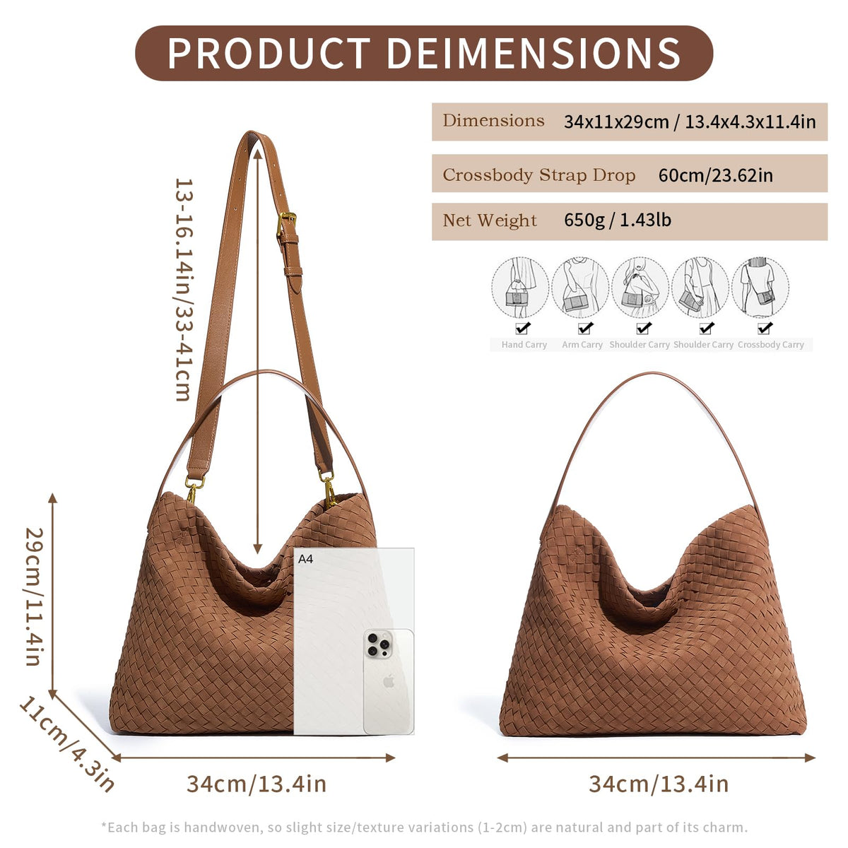 Ounamei Woven Faux Suede Hobo Bag | Slouchy Tote, Crossbody & Shoulder Handbag for Women
