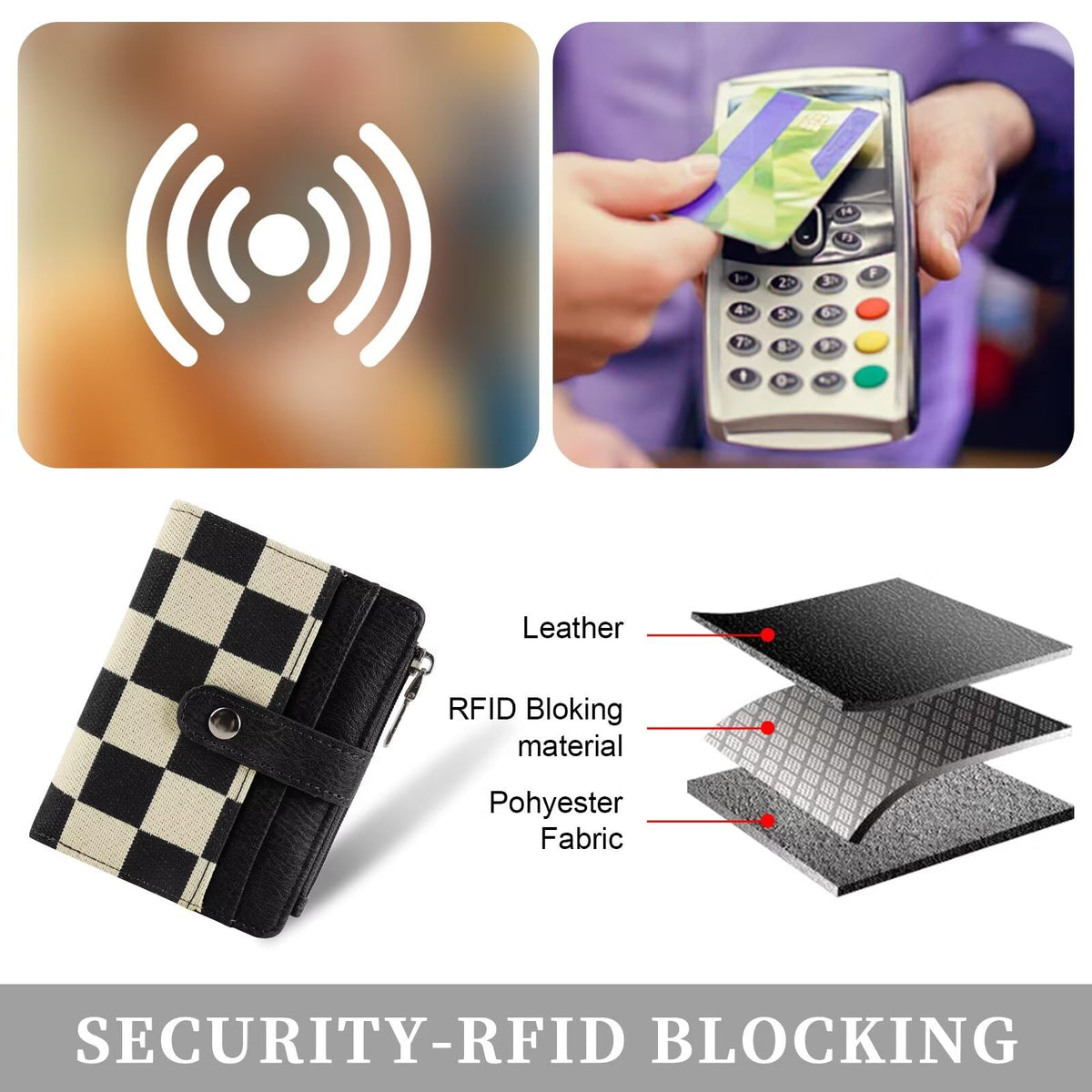 Ounamei RFID Blocking PU Leather Bifold Wallet | Compact Checkered Wallet with 8 Card Slots, ID Window & Coin Pocket