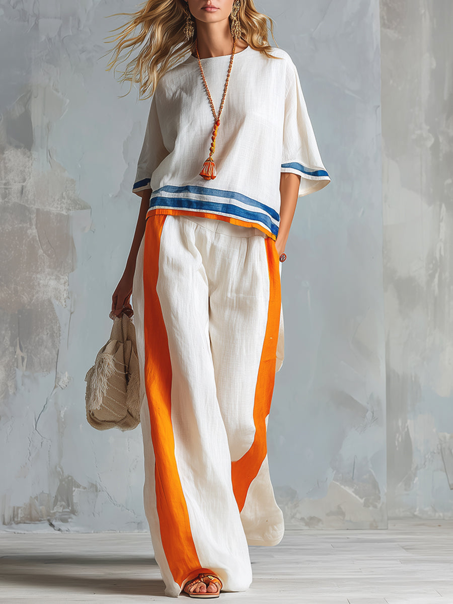 Casual Urban Style Contrast-Trimmed White T-Shirt & Wide-Leg Pants Cotton-Linen Set - By Qivii