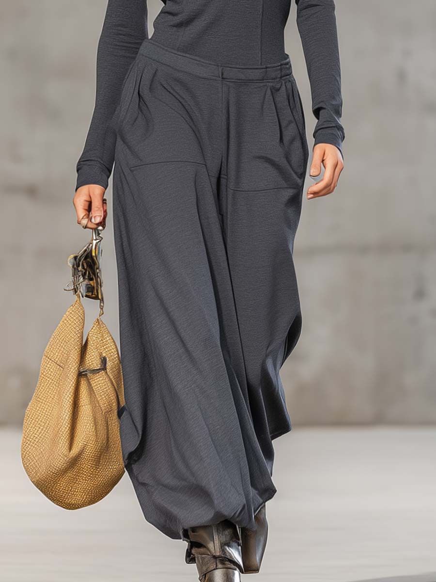 Casual Retro Sports Dark Gray Half-high Collar Front Zipper Long-sleeved Top And Wide Pants Set - By Qivii