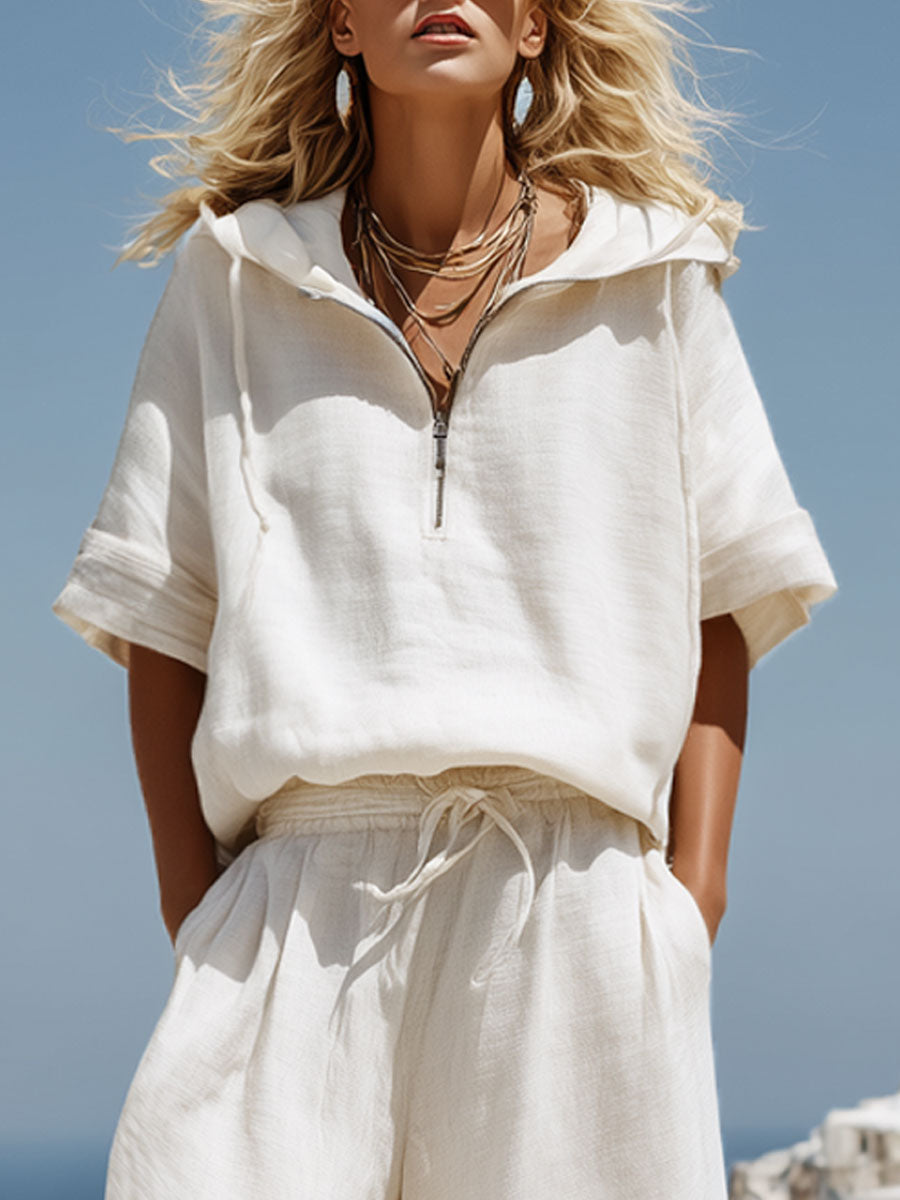 Vacation Retro White Cotton Linen Short-Sleeve Hooded Top And Balloon Pants Set - By Qivii