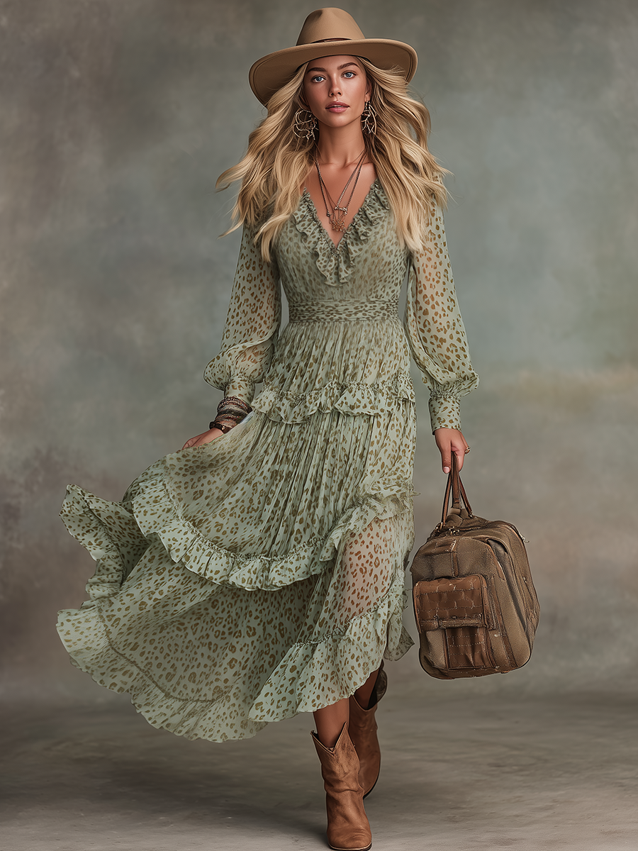Vintage And Elegant V-neck Ruffled Leopard Print Chiffon Midi Dress - By Qivii