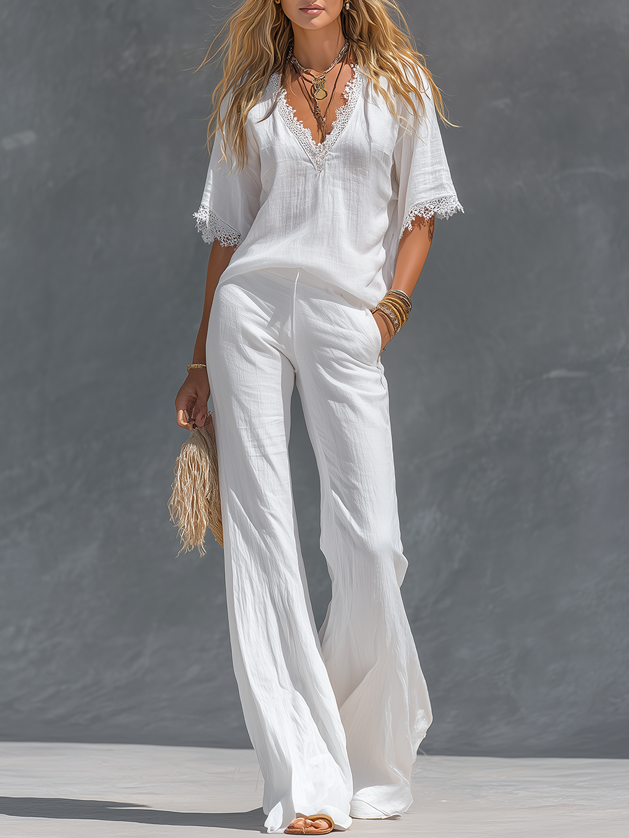 Retro V-neck Cotton And Linen Short-sleeved T-shirt And Wide-leg Pants Set - By Qivii