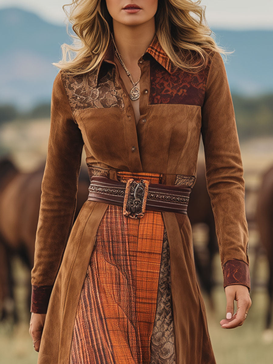 Western Retro Lace-Up Plaid Patchwork Caramel Faux Suede Maxi Dress - By Qivii