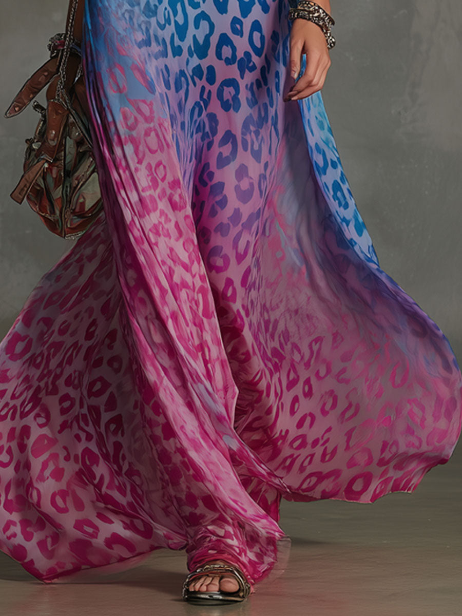 Gradient Leopard Print Chiffon High-neck Sleeveless Maxi Dress - By Qivii