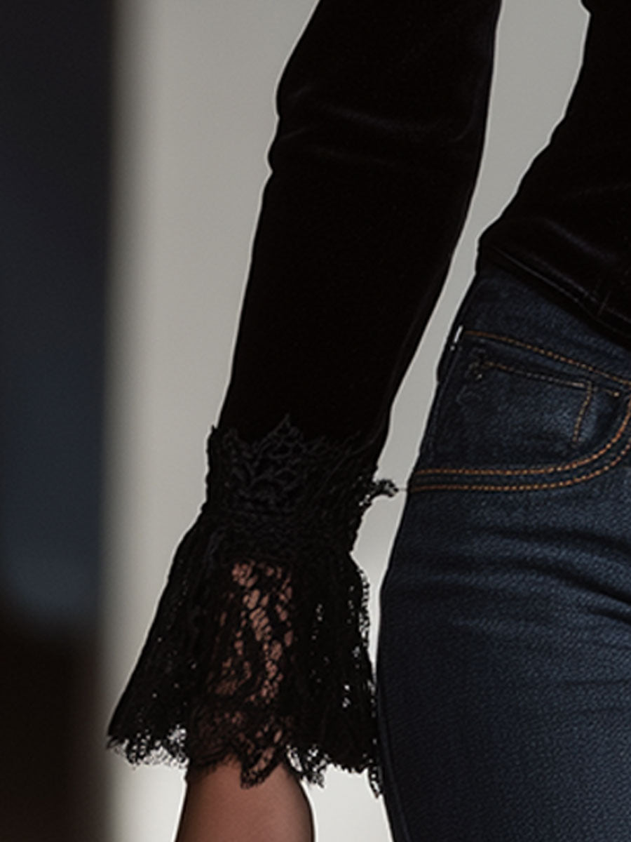 Stylish And Elegant Vintage Lace And Black Velvet Shirt - By Qivii