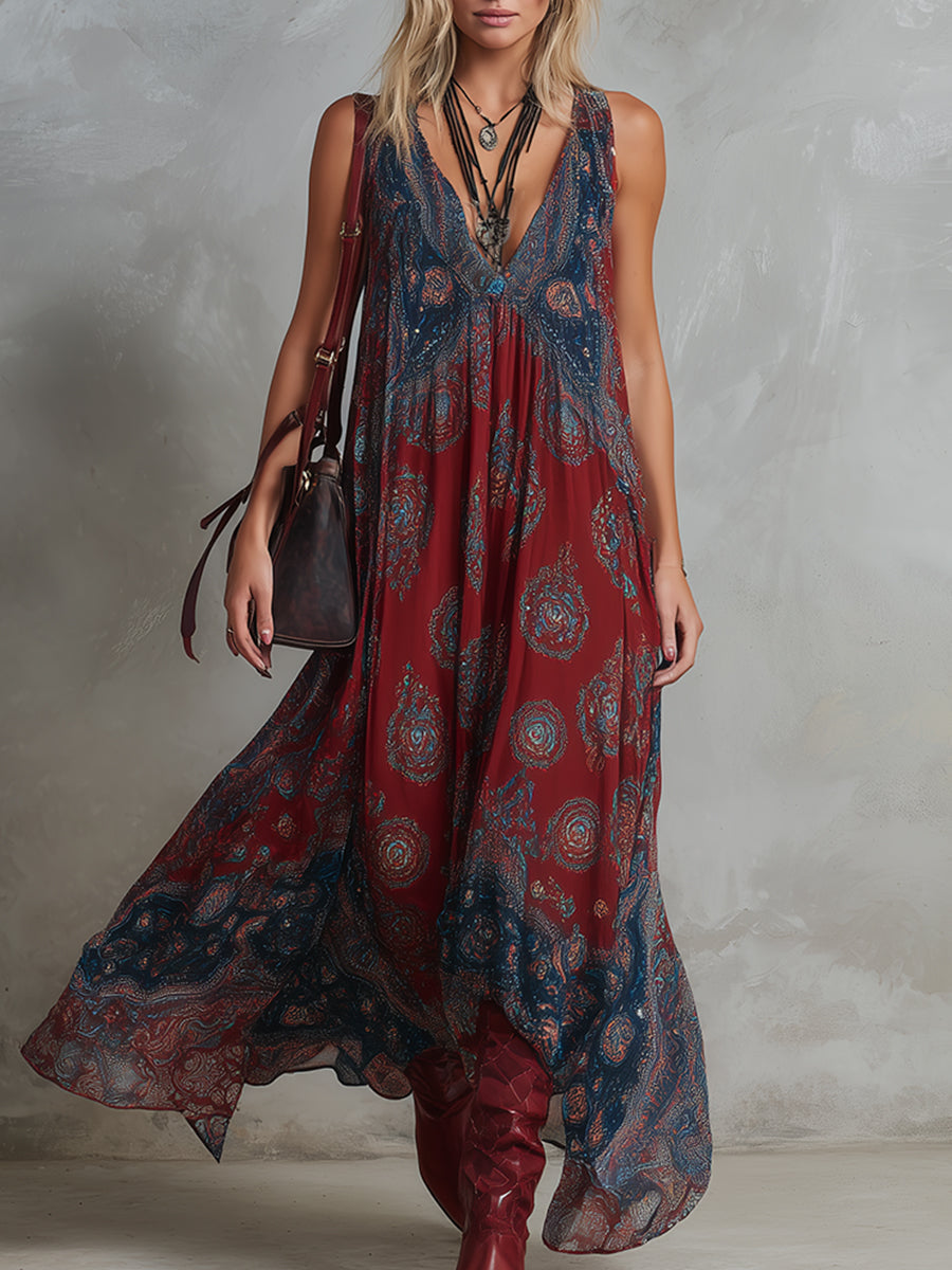 Retro Ethnic Bohemian Print Chiffon Sleeveless Maxi Dress - By Qivii