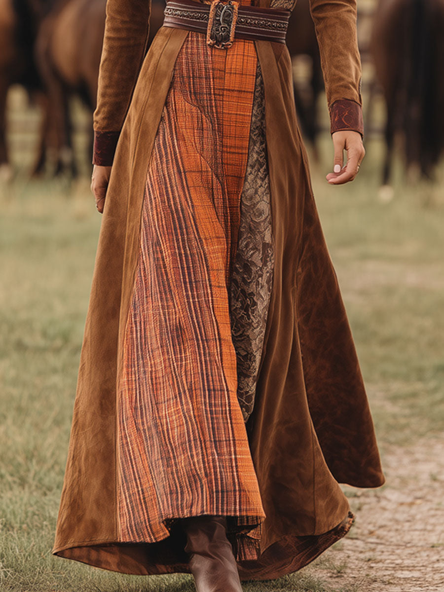 Western Retro Lace-Up Plaid Patchwork Caramel Faux Suede Maxi Dress - By Qivii