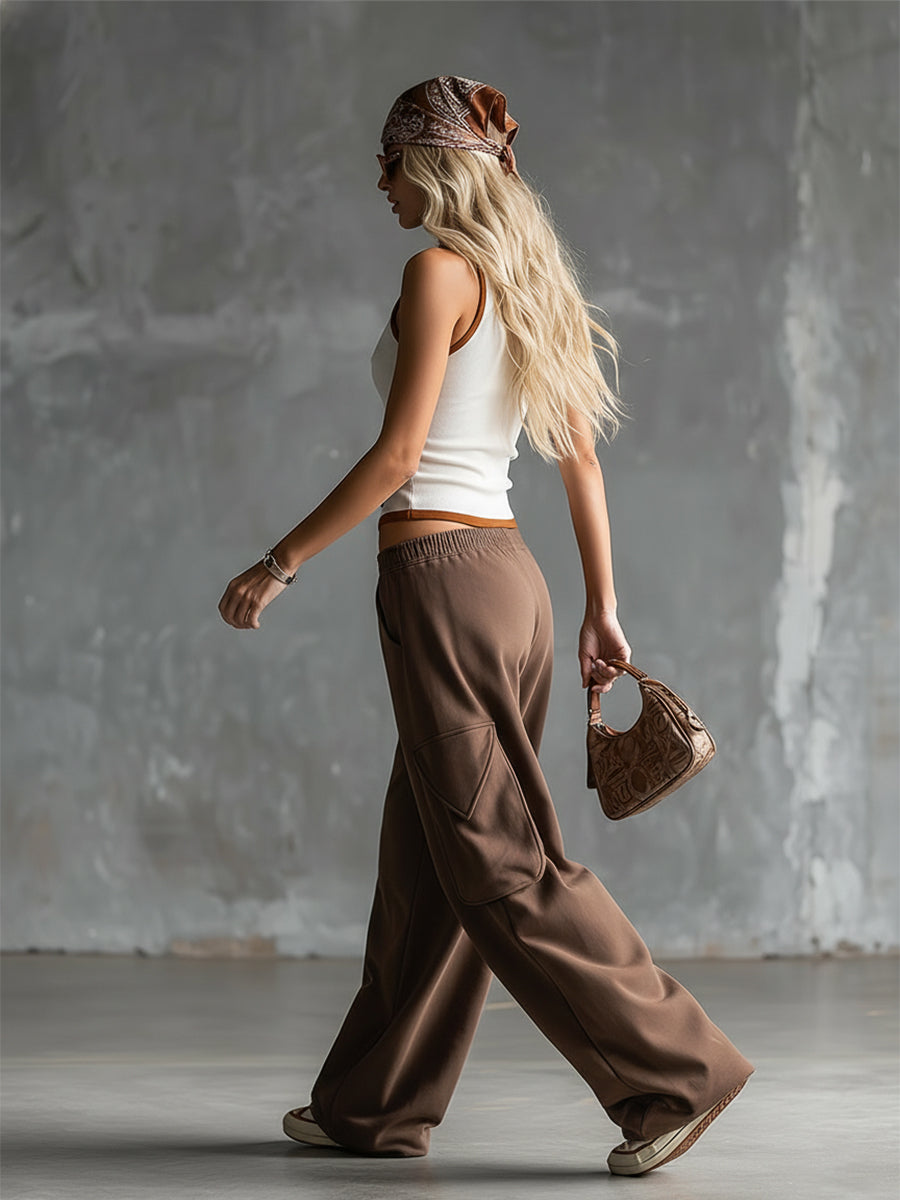 Stylish Sporty White Tank Top And Brown Sweatpants Set - By Qivii