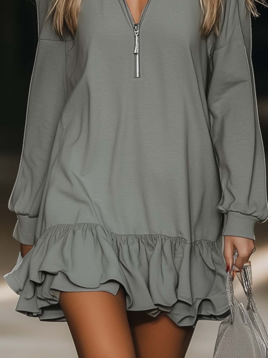 Casual Loose Fashion Zipper V-neck Long Sleeve Lotus Leaf Hem Gray Mini Dress - By Qivii