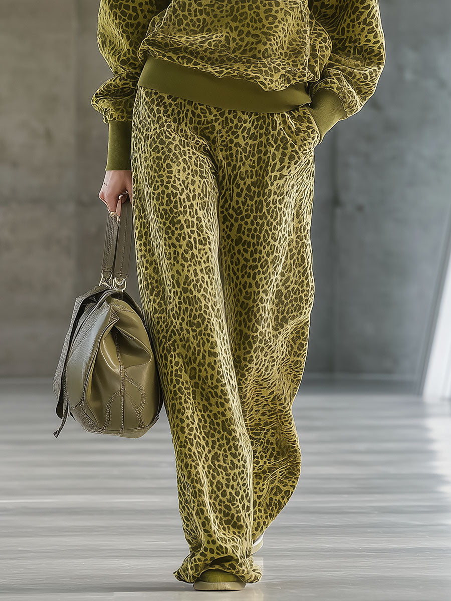 High-end Fashionable Leopard Print Velvet Faux Fur Collar Sweatshirt Wide-leg Pants Suit - By Qivii