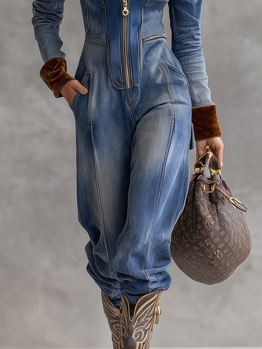 Vintage Casual Western Hooded V-neck Zipper Velvet Stitching Blue Denim Jumpsuit - By Qivii