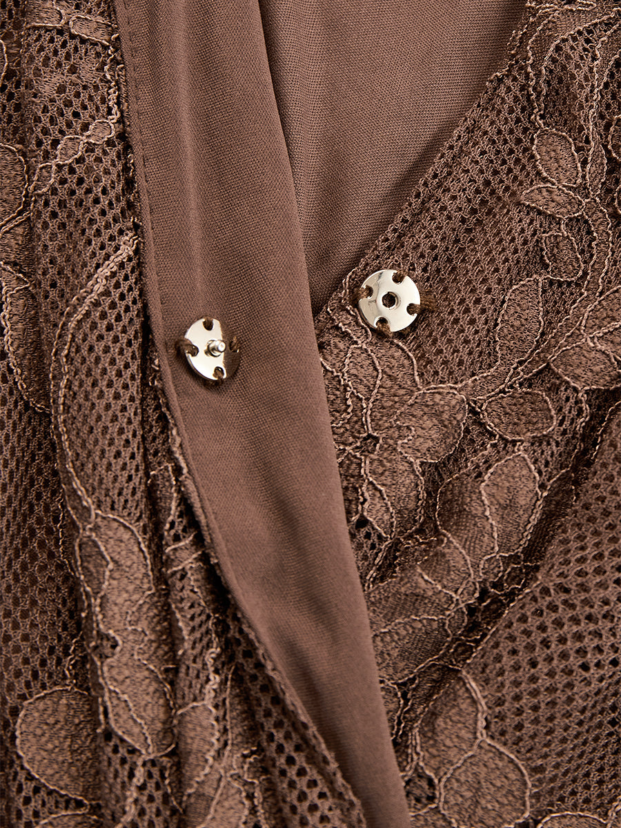 Elegant Brown Lace Front Slit Long Sleeve Maxi Dress - By Qivii