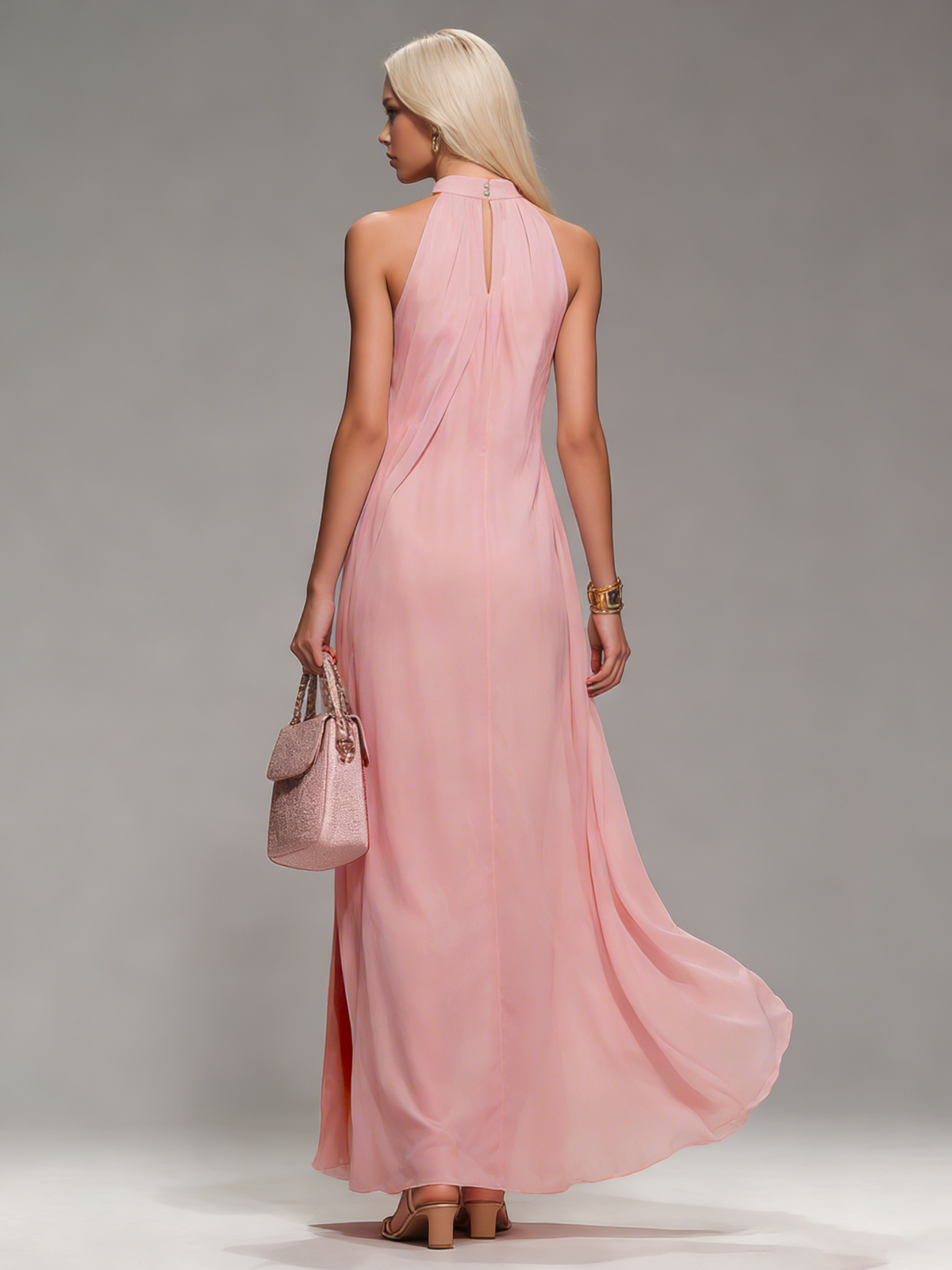 Comfortable And Elegant Halter Neck Sleeveless Slit Chiffon Maxi Dress - By Qivii