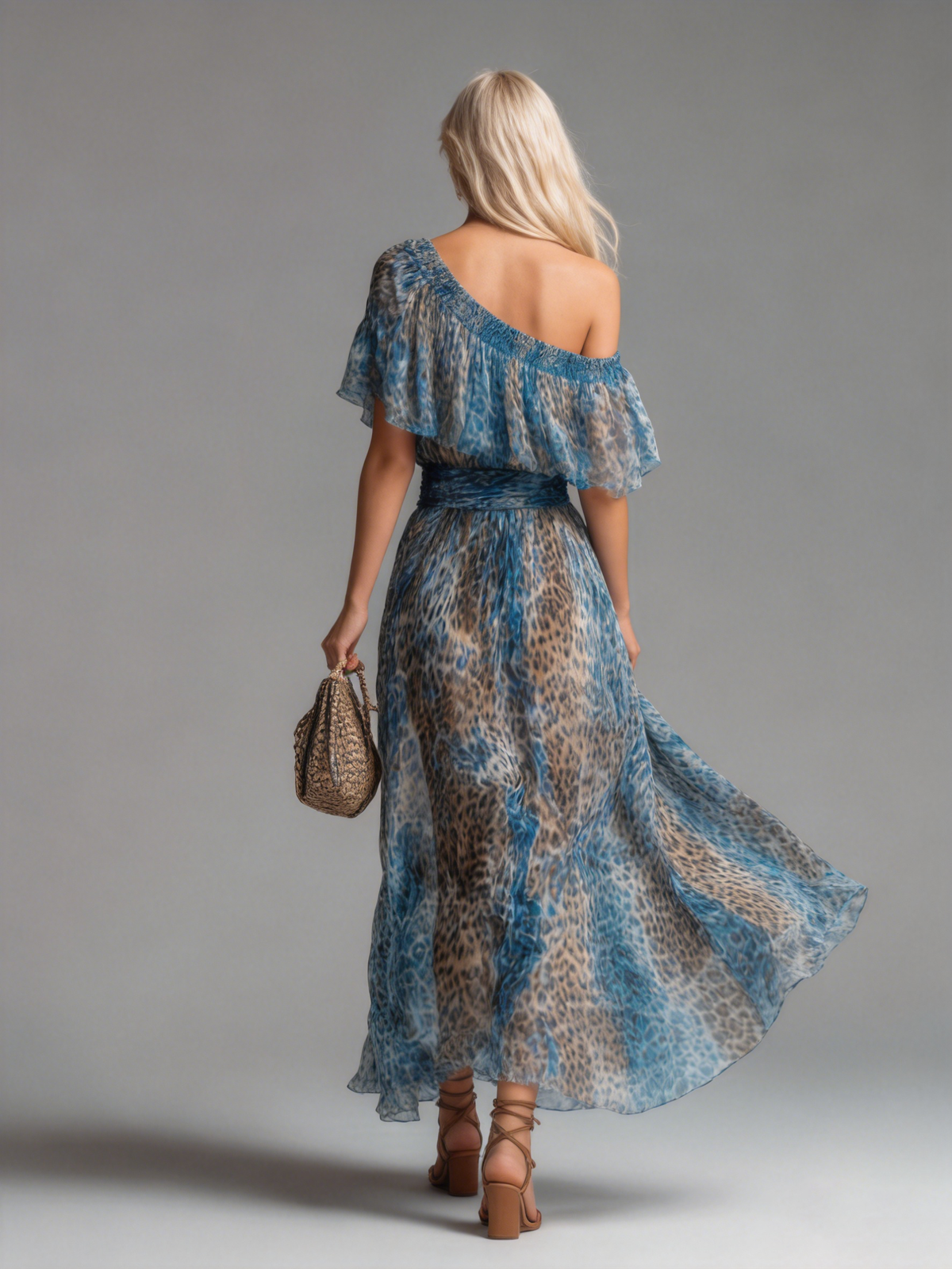 Stylish And Elegant Off-the-shoulder Short-sleeved Leopard Print Chiffon Maxi Dress - By Qivii