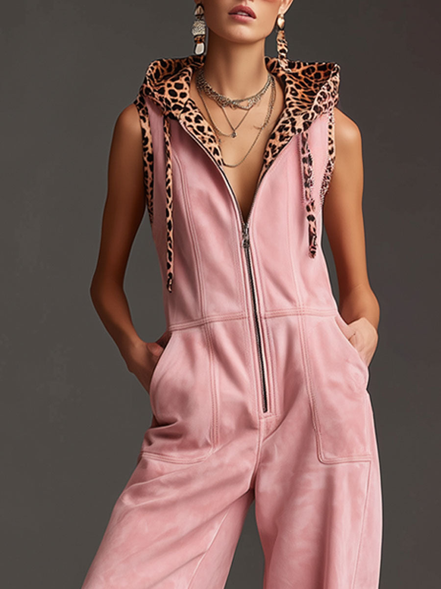 Western Retro Pink Faux Suede Sleeveless Leopard Print Hooded Wide-Leg Jumpsuit - By Qivii