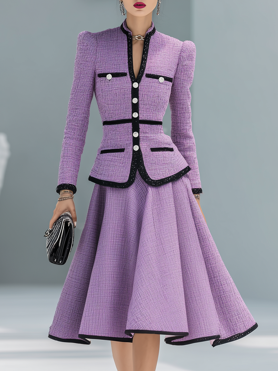 Elegant Contrasting Color Tweed Two-piece Set - By Qivii