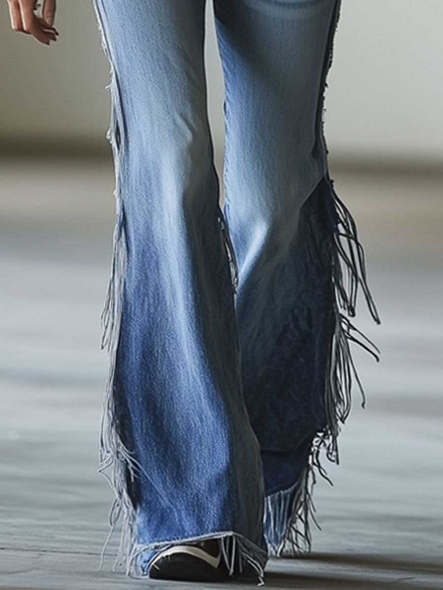 Vintage Blue Flared Fringe Jeans - By Qivii