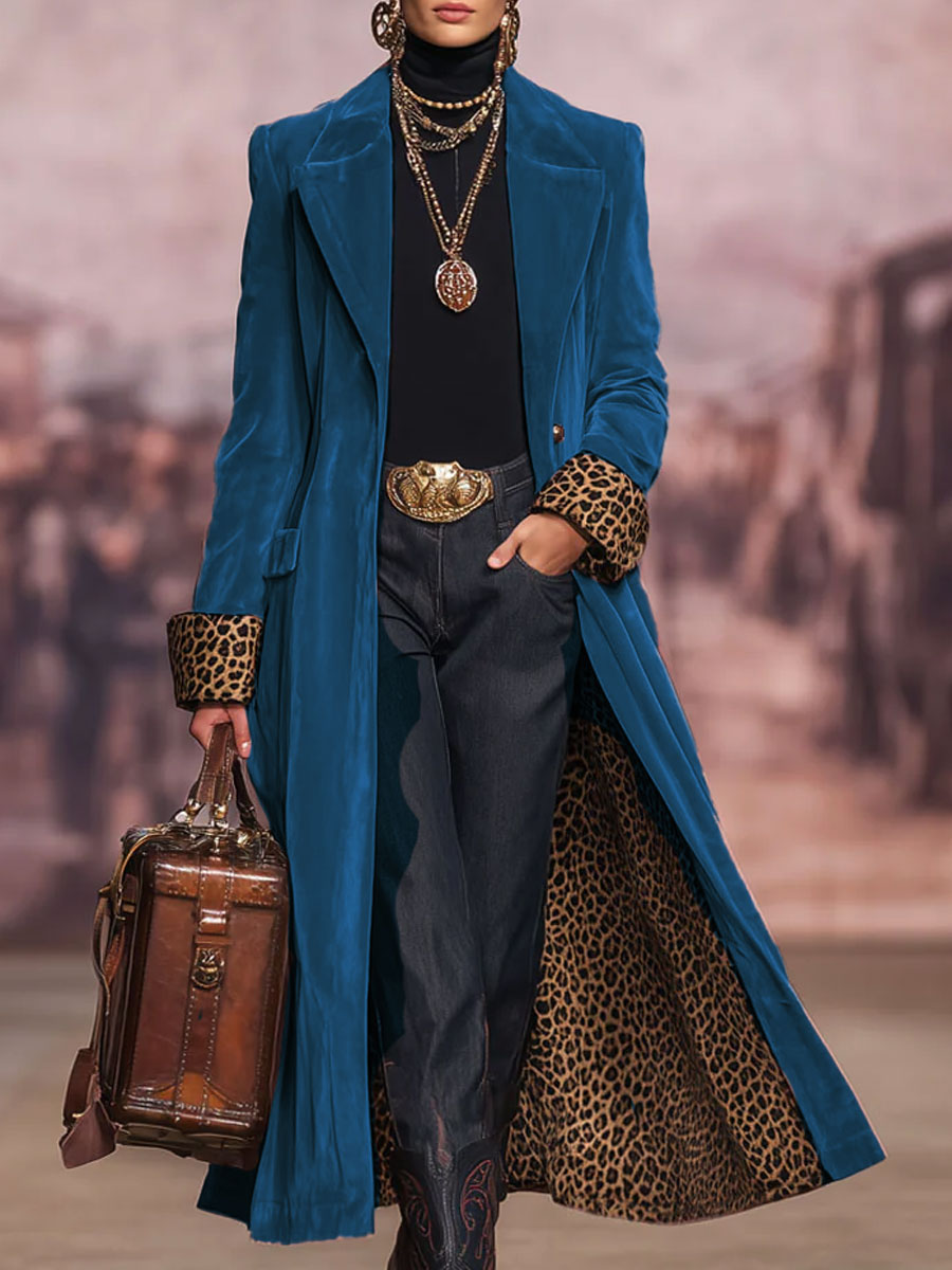 Lapel Single-breasted Velvet And Leopard Print Coat - By Qivii