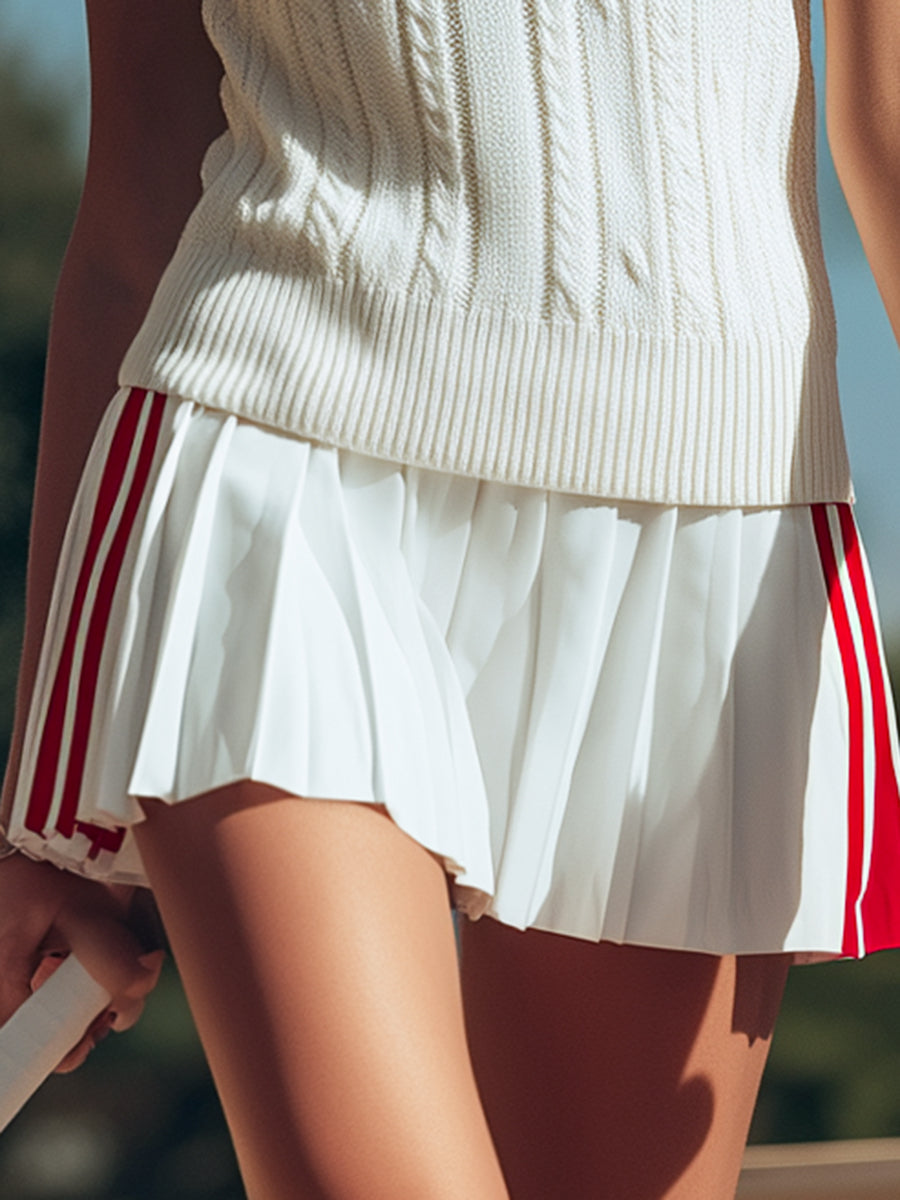 Retro Sports Style Stand-up Collar Pleated Sleeveless Knitted Top Pleated Skirt Suit - By Qivii
