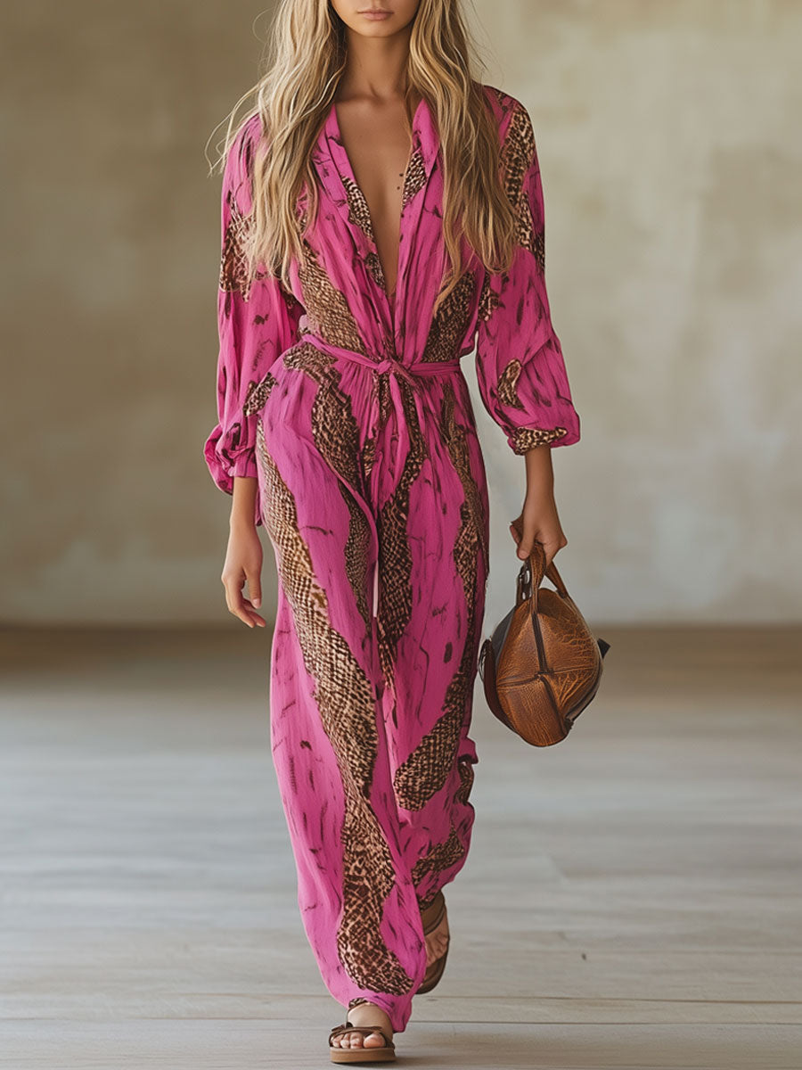 Casual Loose Rose Red Chiffon Leopard Print Long-Sleeved Jumpsuit - By Qivii