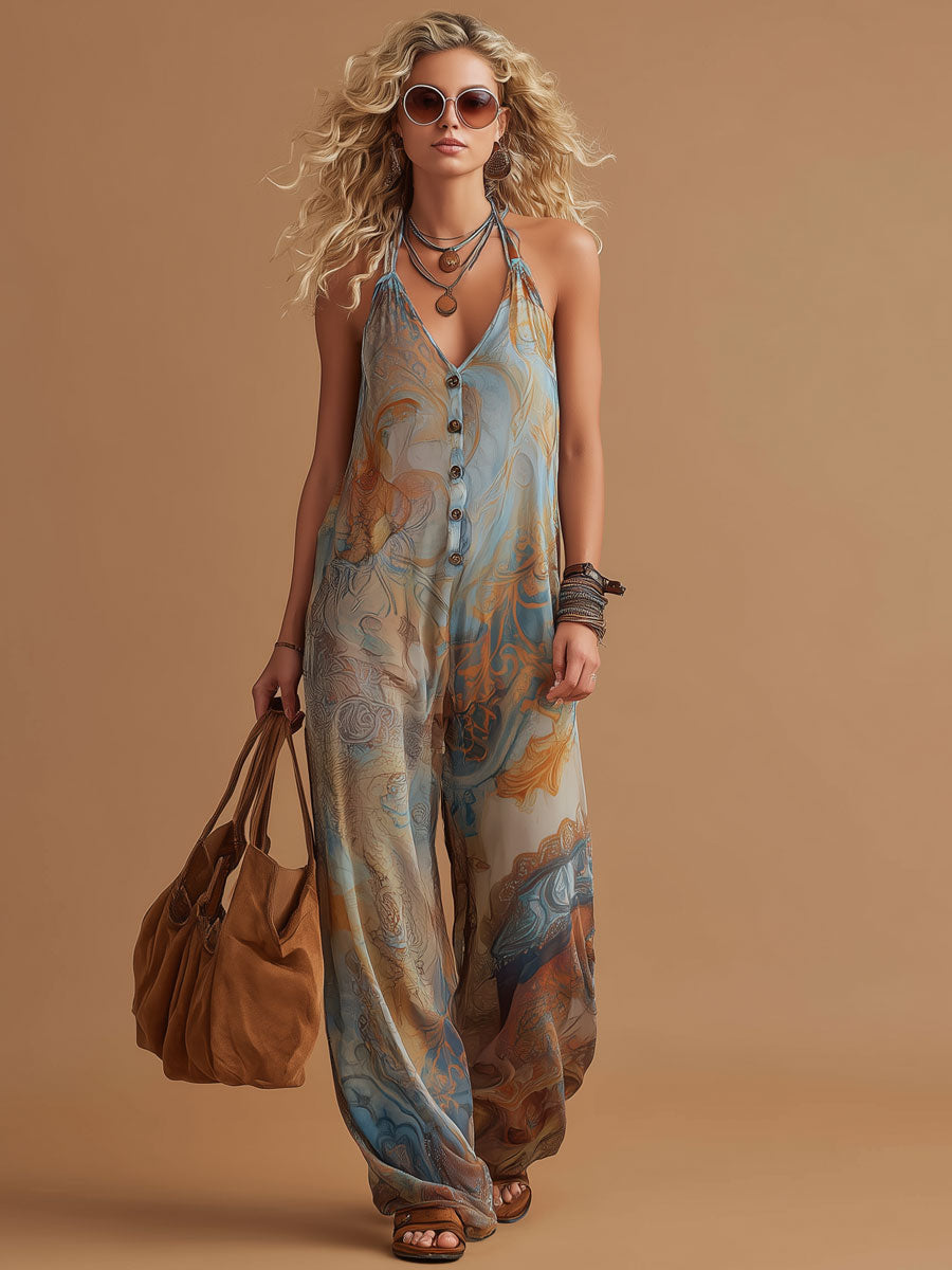 Vacation Retro Bohemian Print Chiffon Sleeveless Wide-Leg Jumpsuit - By Qivii
