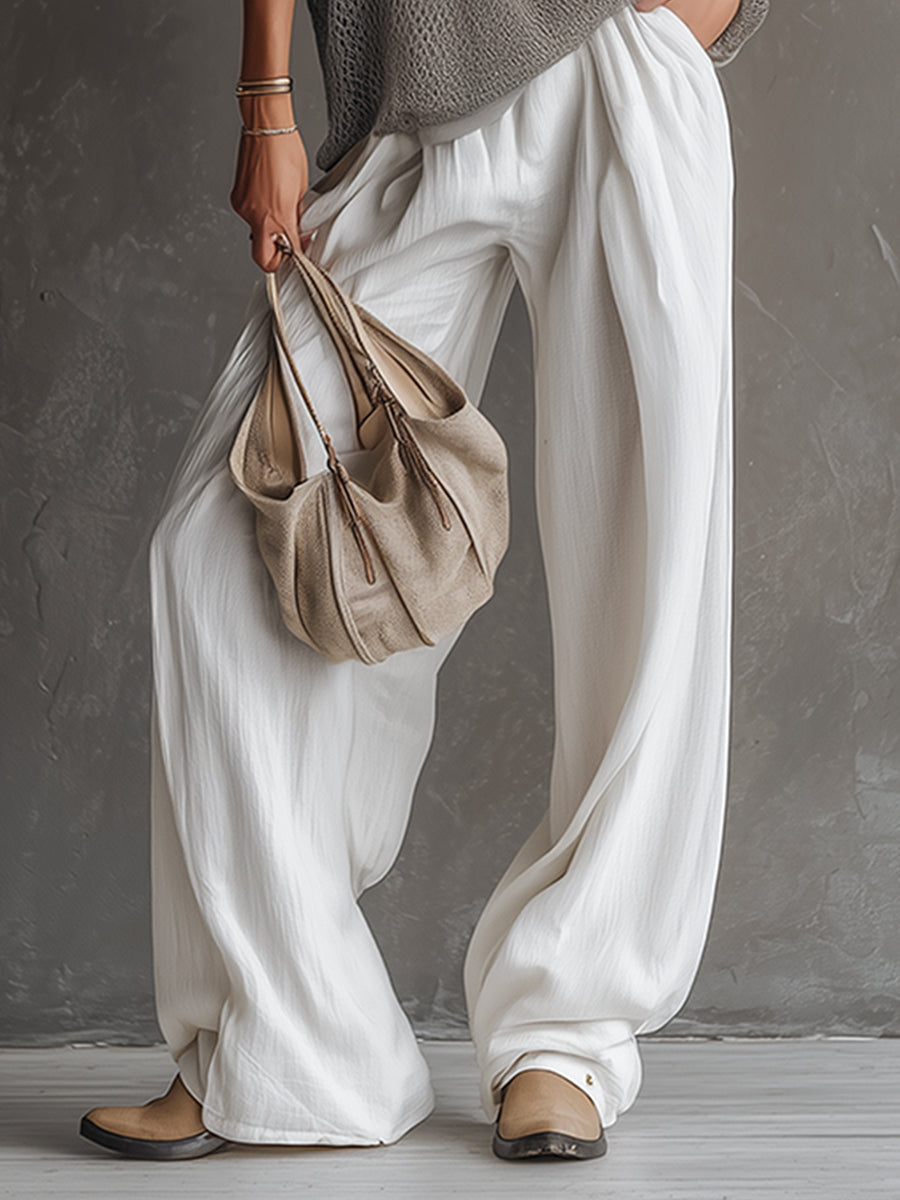 Simple Urban Gray Mesh Knit T-shirt And White Cotton Linen Wide-leg Pants Set - By Qivii
