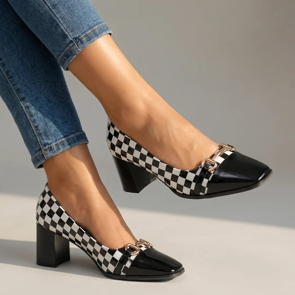 Chiara Plaid Block Heels - By Qivii