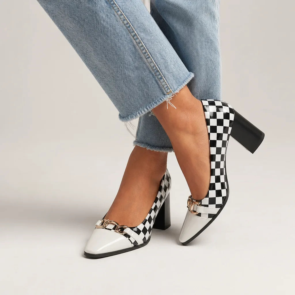 Chiara Plaid Block Heels - By Qivii
