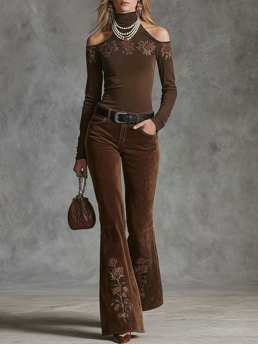High-neckoff-shoulder Rose-embroidered All-cotton Long-sleeved T-shirt - By Qivii