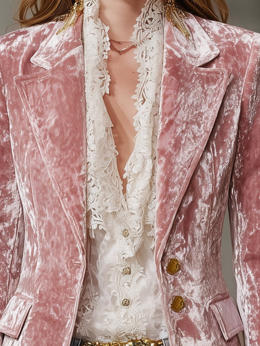 Fashion Retro Pink Velvet Gold Button Blazer - By Qivii