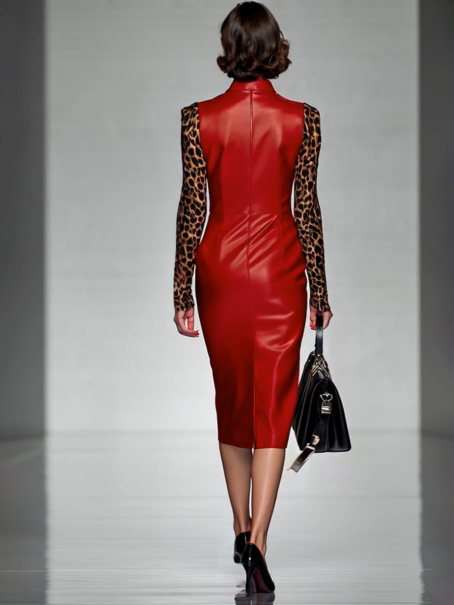 Red Pu Stitching Leopard Print Zipper Midi Dress - By Qivii