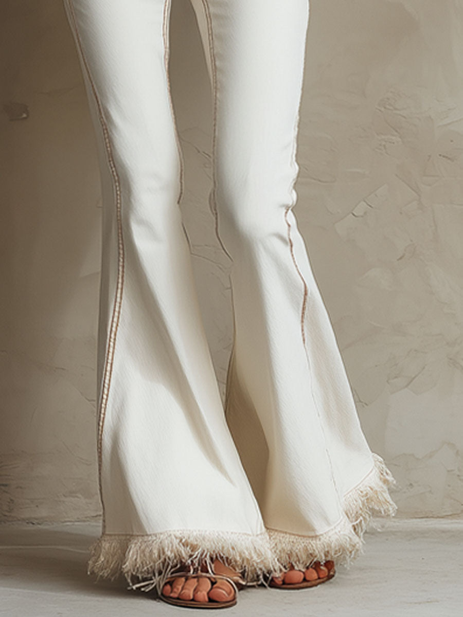White Frayed-hem Flared Jeans - By Qivii