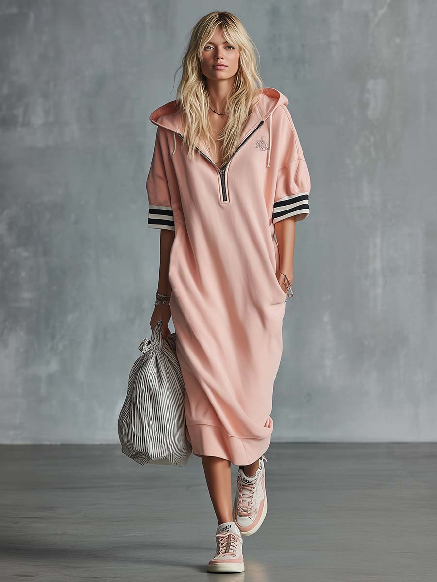 Casual Fashion Sporty Hooded Front Zipper Short-sleeved Cherry Blossom Pink Cotton Midi Dress - By Qivii
