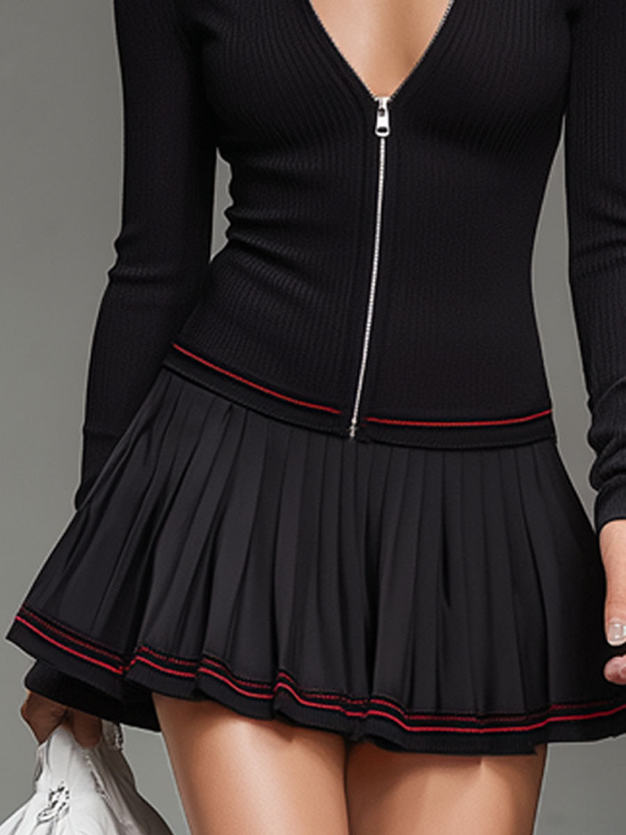 Contrast Hem Long Zip-up Top And Pleated Skirt Sports Suit - By Qivii
